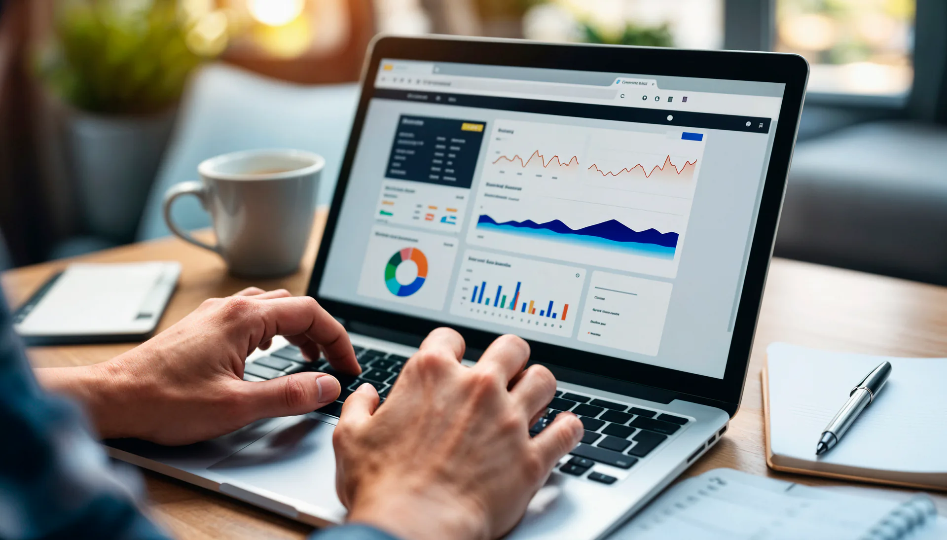 Profesional revisando métricas de posicionamiento SEO en una computadora portátil