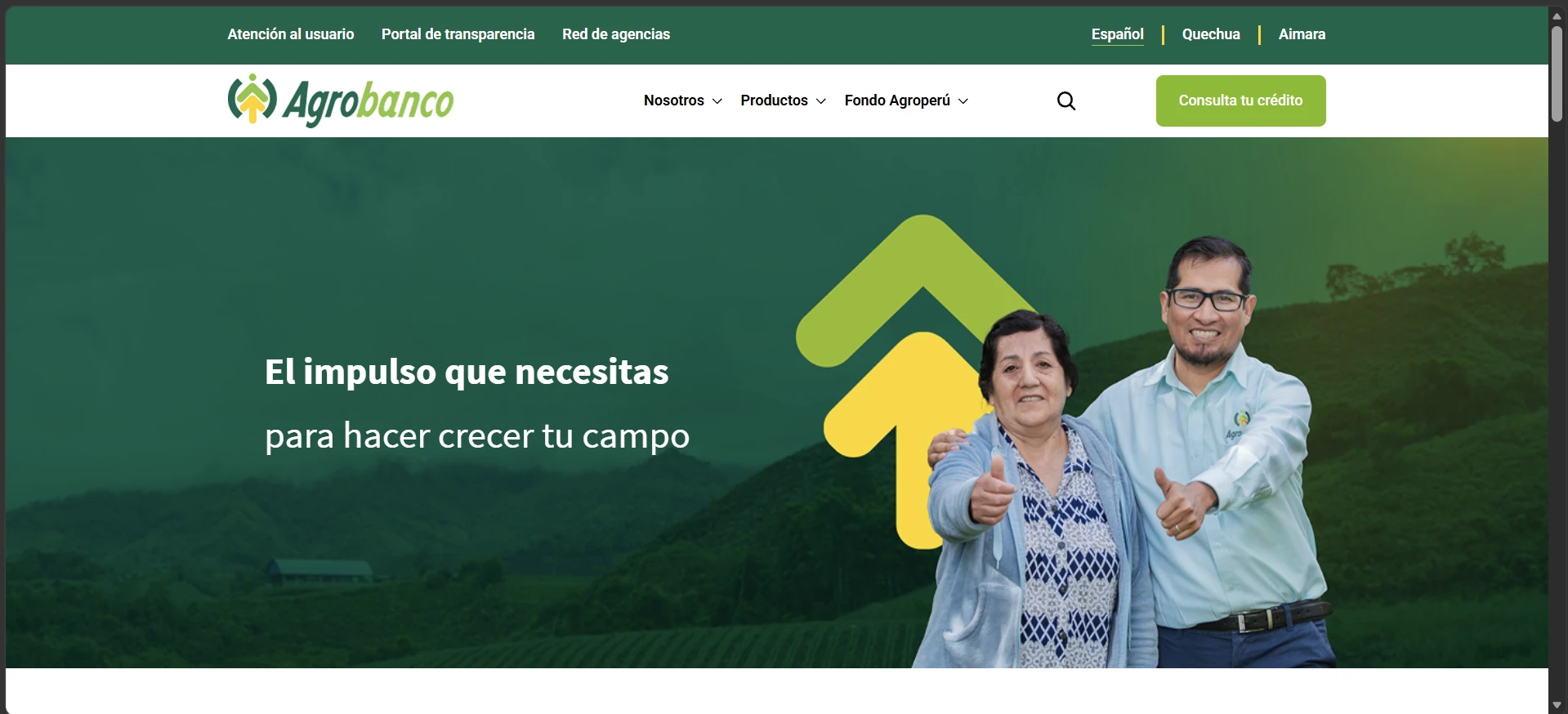 Página de inicio de Agrobanco con acceso en español, quechua y aimara