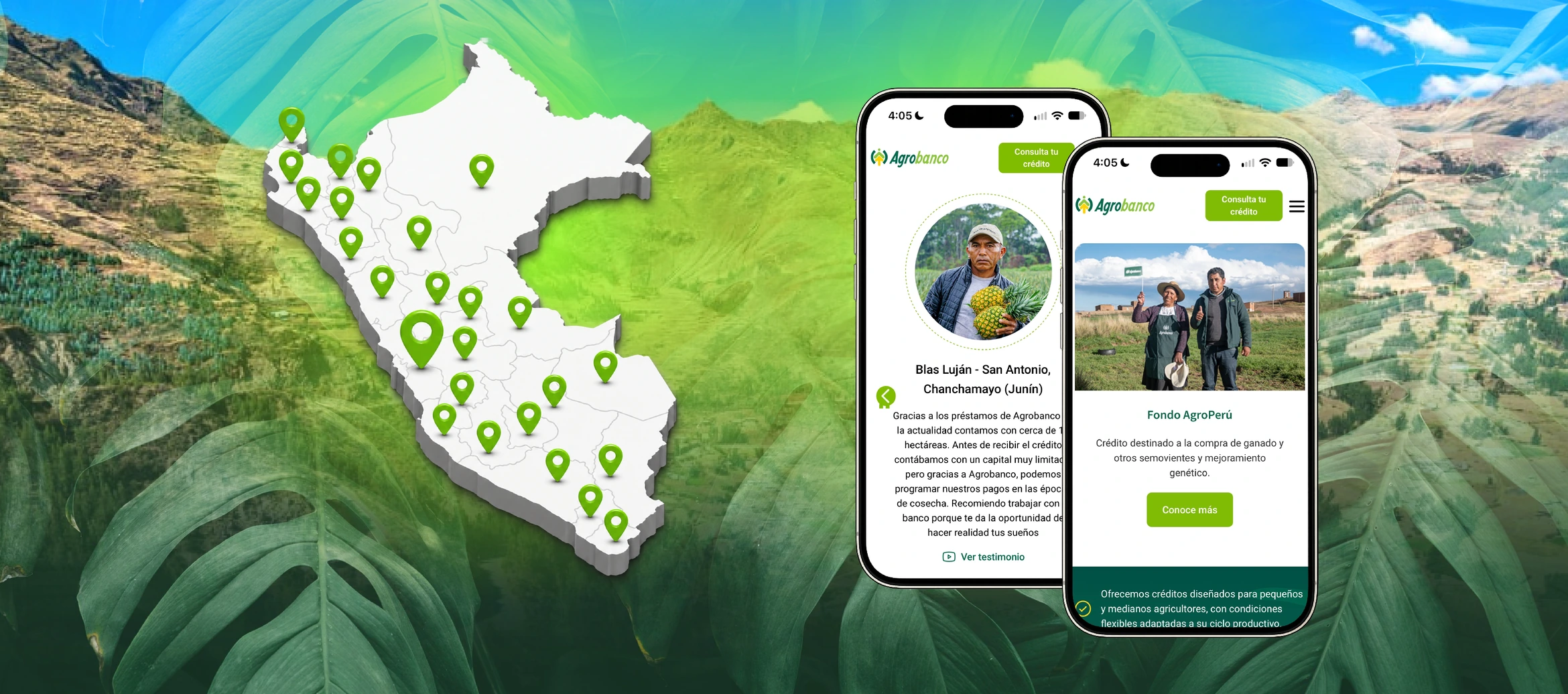 Mapa del Perú con ubicaciones y dos teléfonos que muestran el sitio de Agrobanco sobre un paisaje andino.