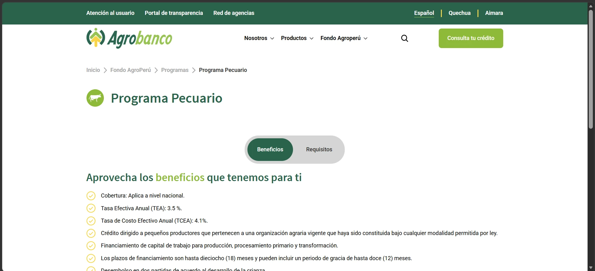 Página del Programa Pecuario de Agrobanco con beneficios y requisitos