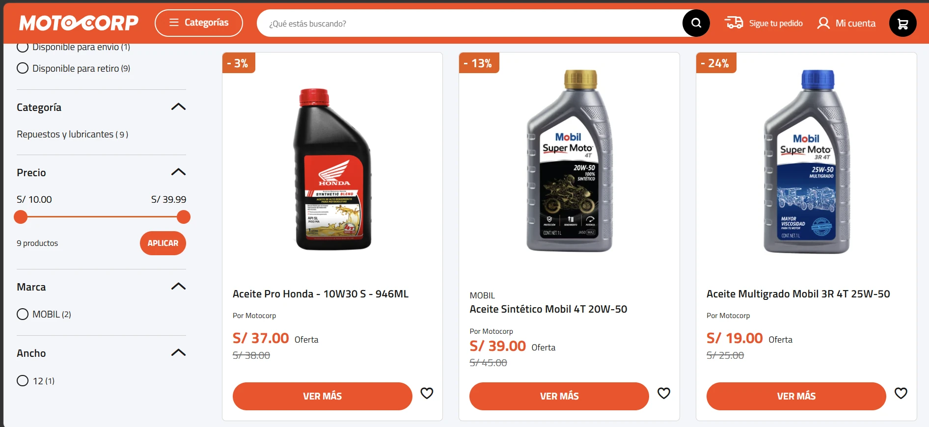 Catálogo de productos de Motocorp con filtros y precios