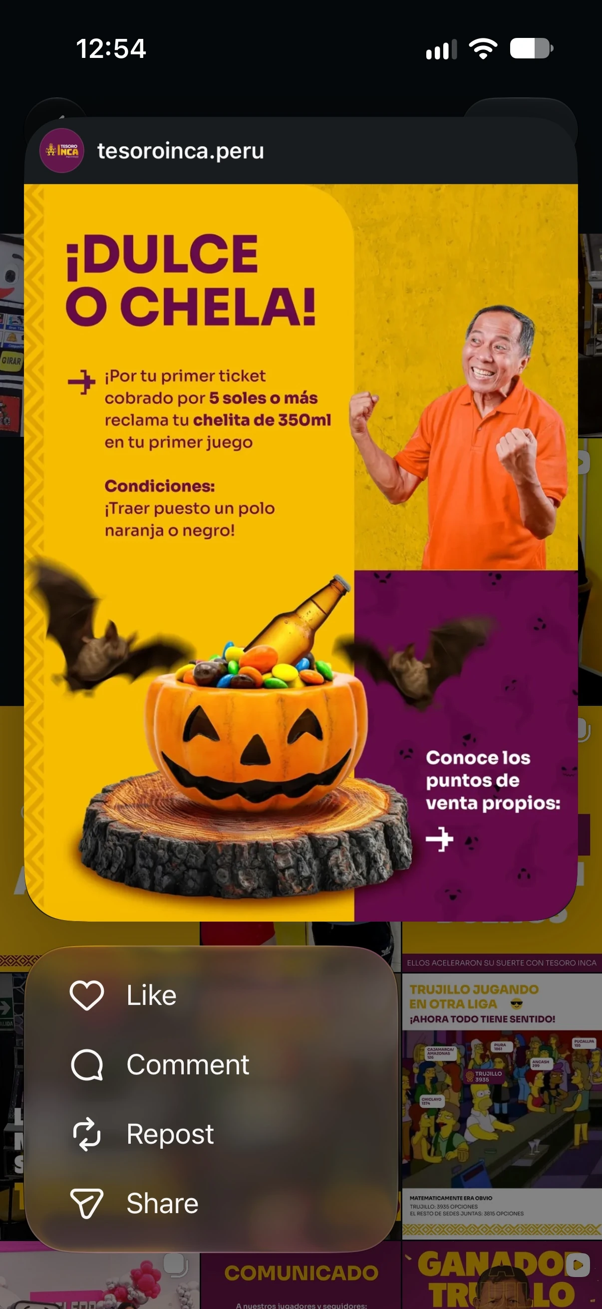 Publicación de Tesoro Inca para la campaña Dulce o chela