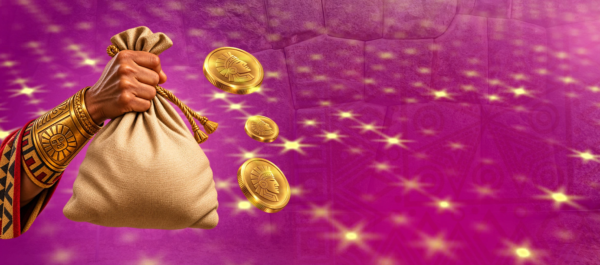 Una mano sostiene una bolsa de tesoro rodeada de monedas doradas sobre un fondo morado.