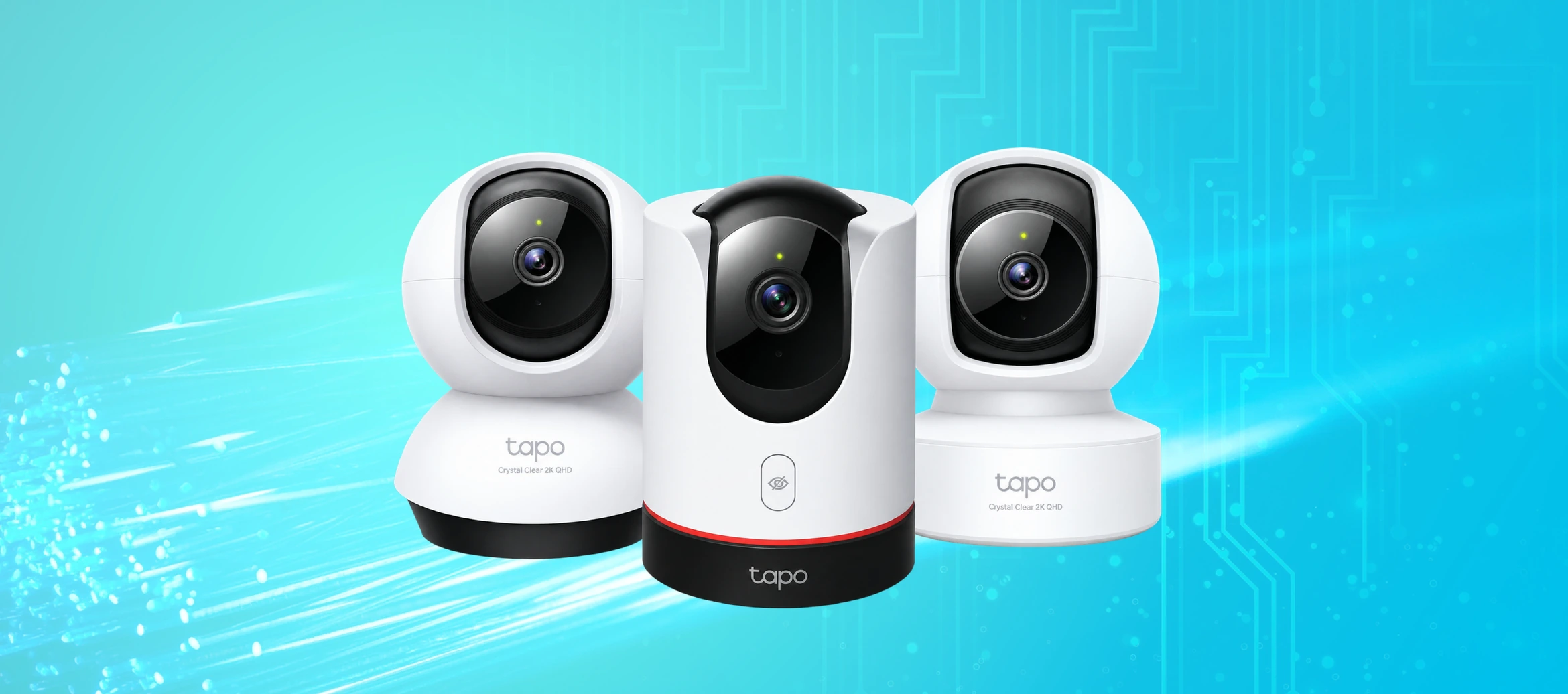 Tres cámaras de seguridad Tapo sobre un fondo turquesa con circuitos digitales.